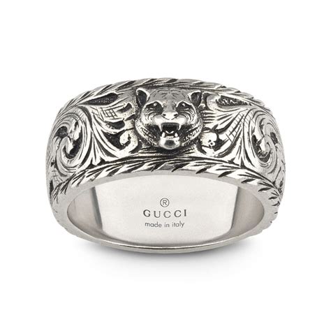 gucci thin silver ring with feline head|authentic Gucci dog collar.